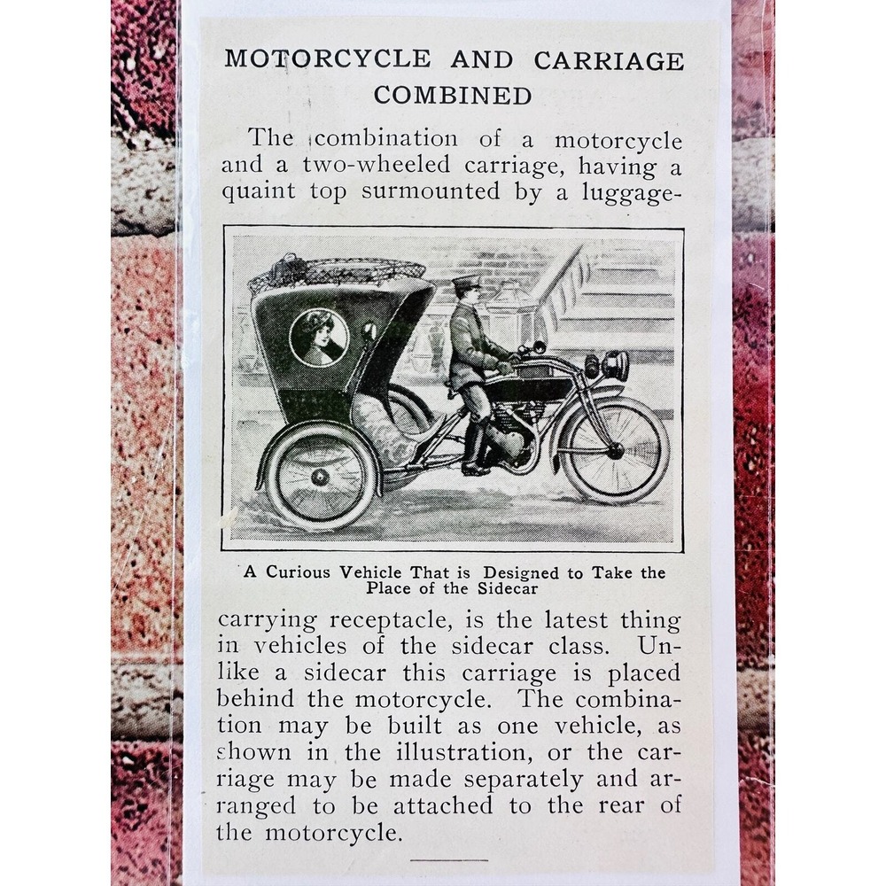1914‎ Motorcycle and Carriage Combined - Original Antique Vtg PRINT ARTICLE